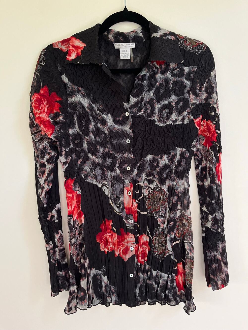 VTG Y2K Alberto Makali Crinkle Button Up Stretch Mixed Print Floral Blouse Sz L